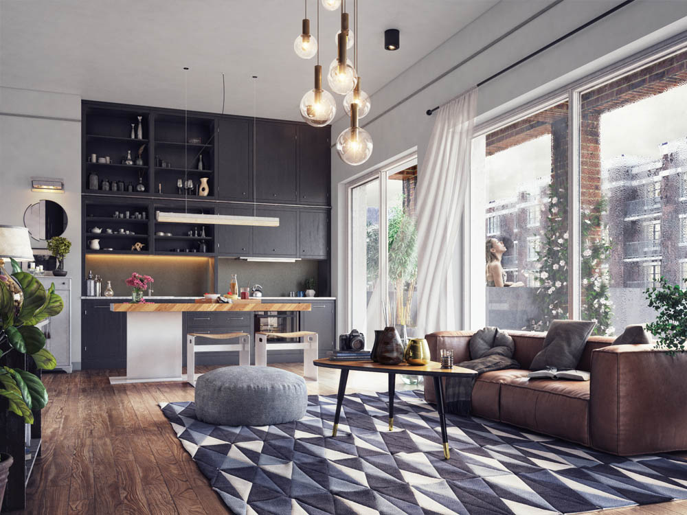 Fast house type interior CGI showing modern open-plan living space