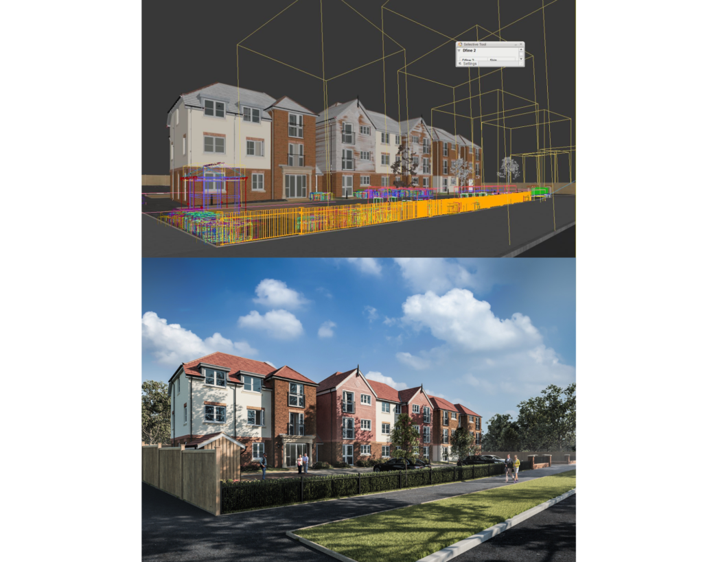 3D viewport wireframe versus first draft exterior CGI render