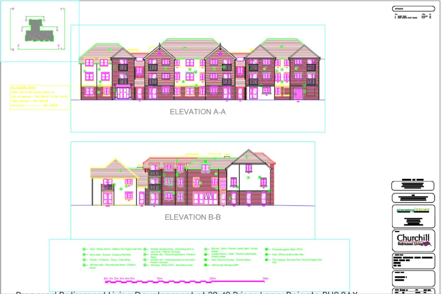Architectural elevation drawings and material schedule for CGI production