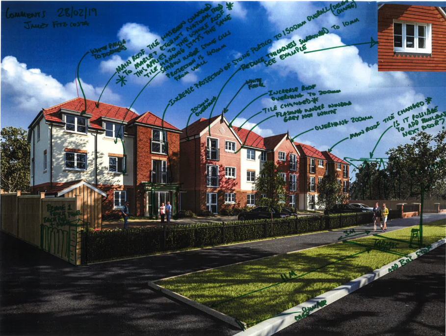 Annotated draft exterior CGI render with client feedback and revisions