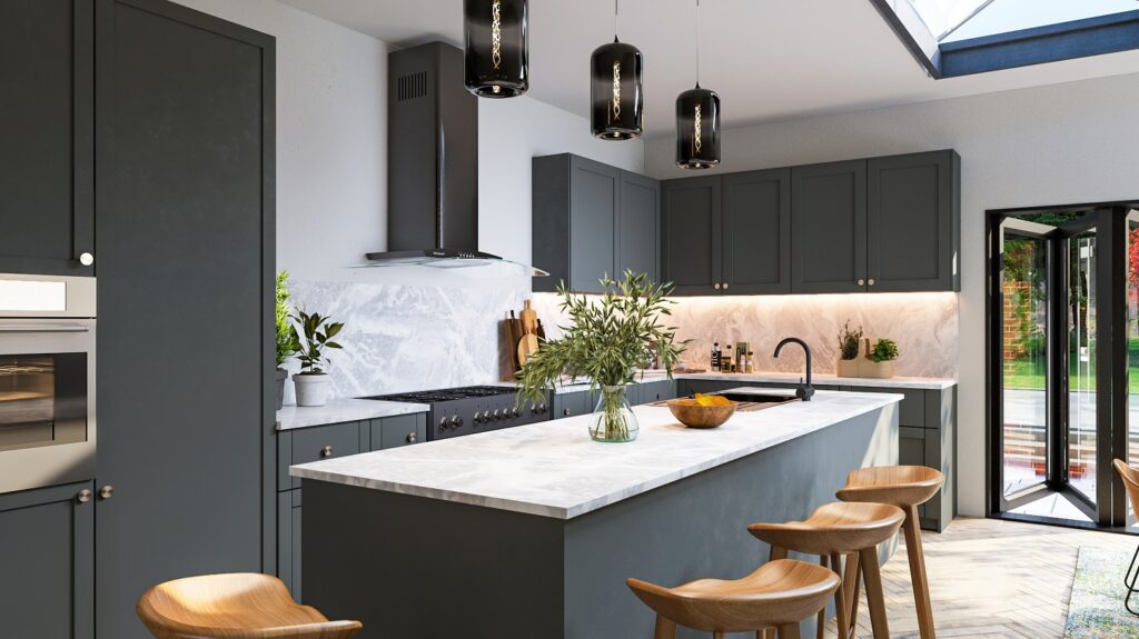 3D visualisation of an open plan kitchen