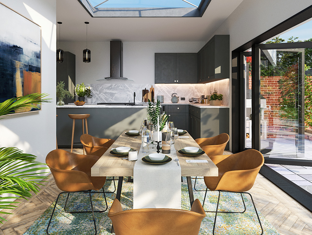 Interior CGI of a bright kitchen diner with large open bi-fold glass doors leading to a garden