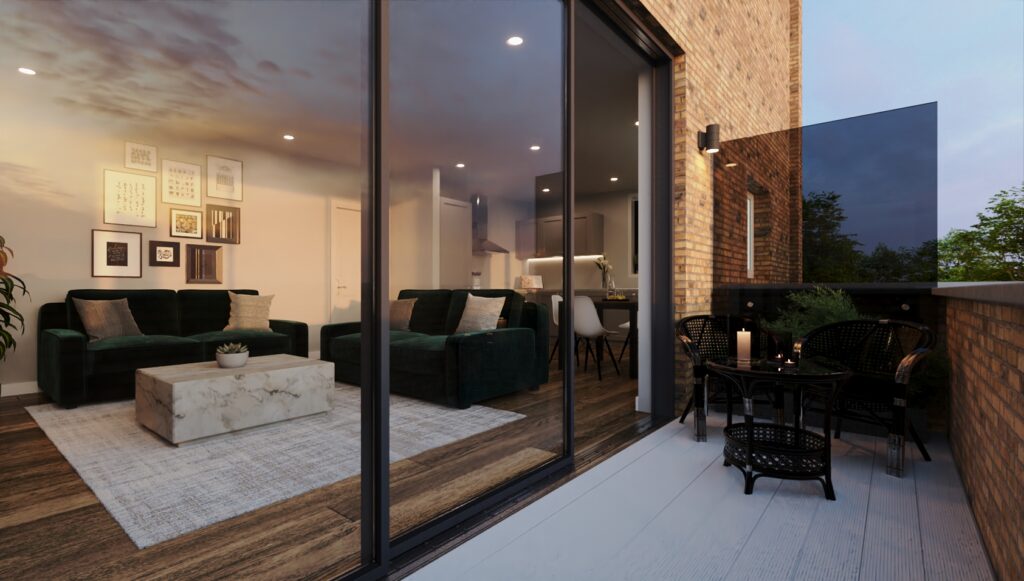 Low-resolution draft CGI of a flat’s patio