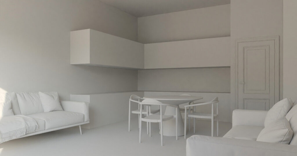 White-block interior CGI of the original kitchen view