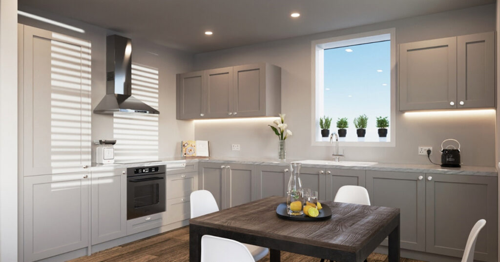 Finished interior CGI of flat 4 for Gleeson Homes