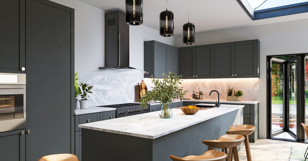 Interior CGI of a kitchen with an island and bar stools