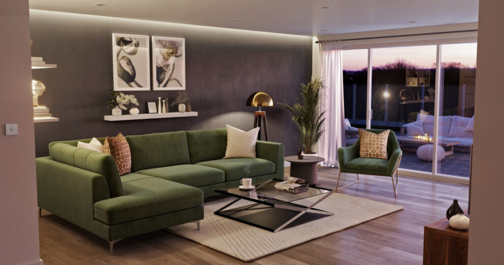 Interior CGI of a living room in warm light