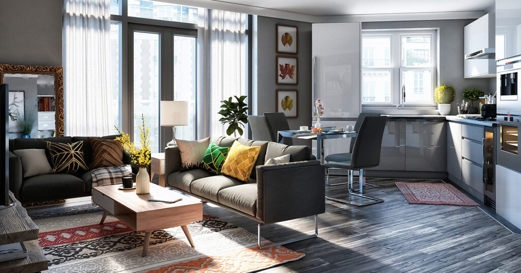 Interior CGI of an apartment living room with realistic reflections