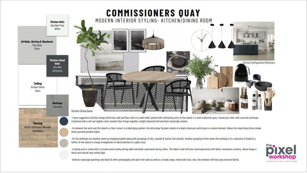 Example mood board for a kitchen diner interior CGI