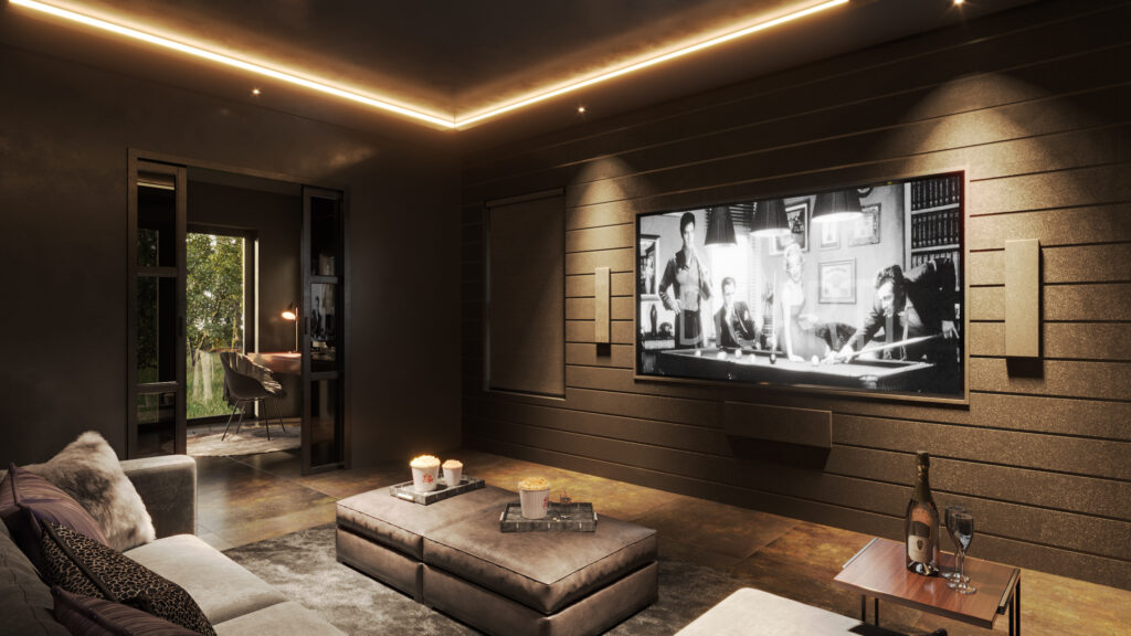 Media room/cinema CGI at Sevenoaks with modern furnishings and entertainment setup