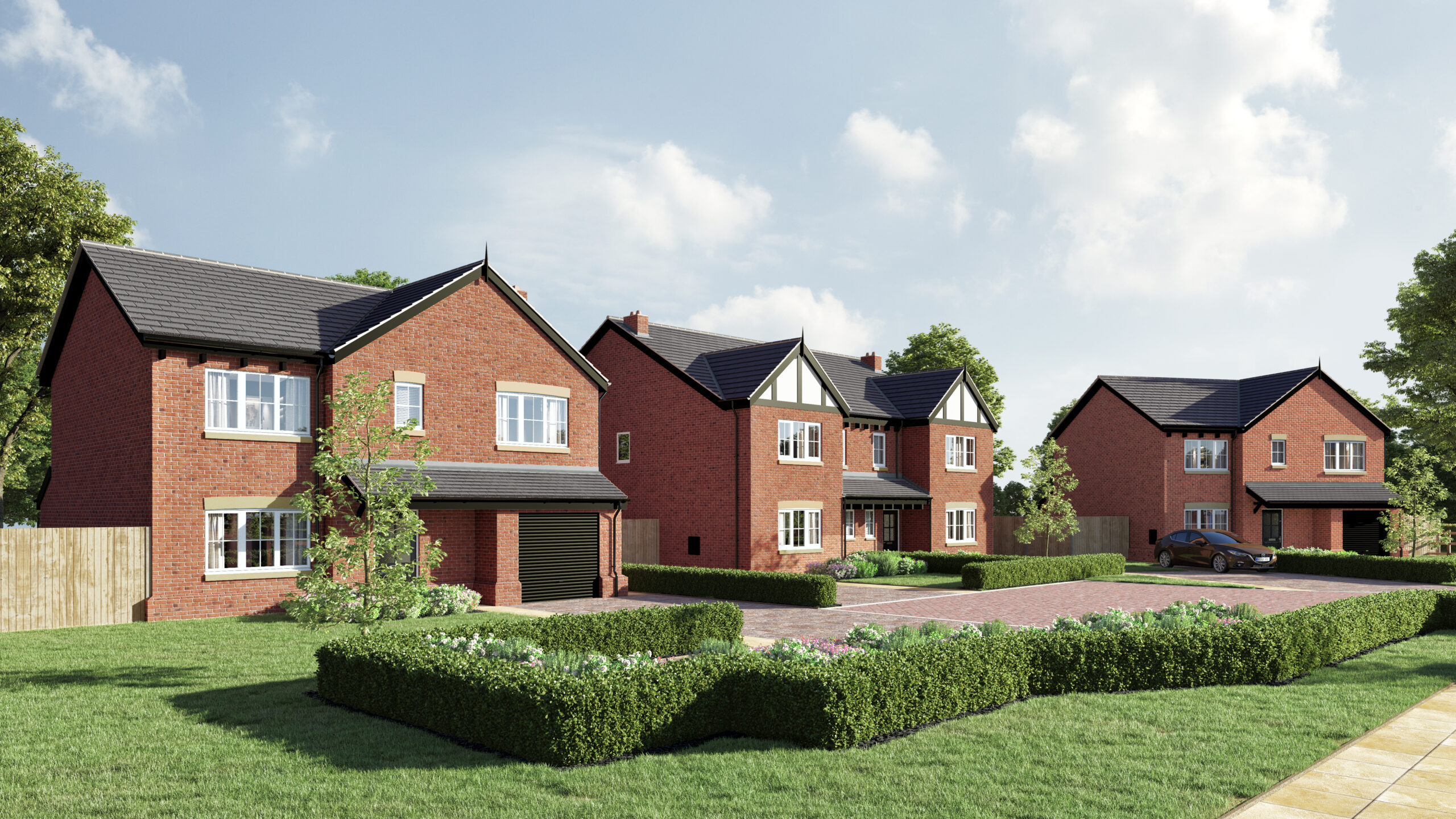 Exterior CGI street scene of new homes at Barons Gate