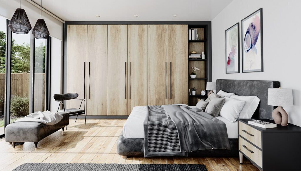 3D visual of a bedroom with large windows and a wall of wardrobes