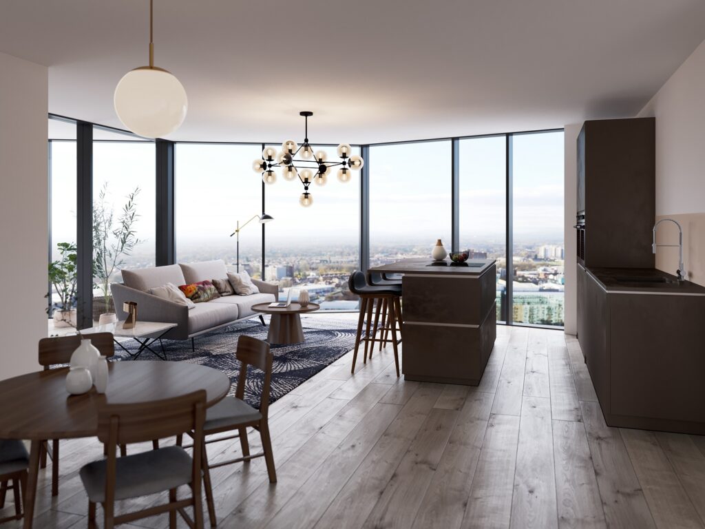 Photorealistic interior CGI of a 26th-floor living room at Clippers Quay