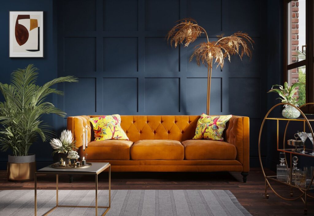Interior CGI roomset with burnt orange velvet upholstery