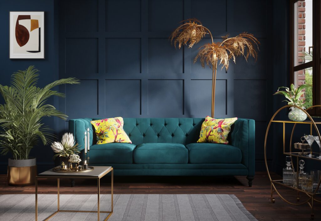 The same roomset with teal velvet upholstery