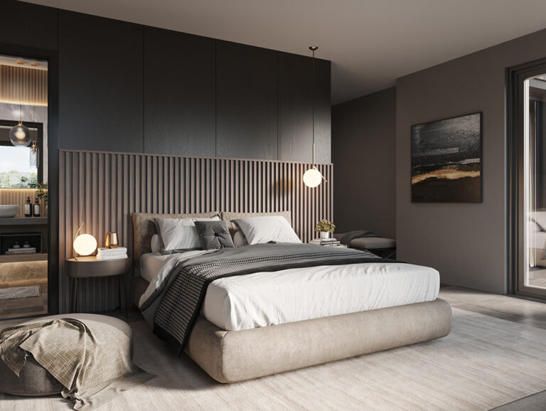 Photorealistic 3D interior visualization of modern luxury bedroom with contemporary design