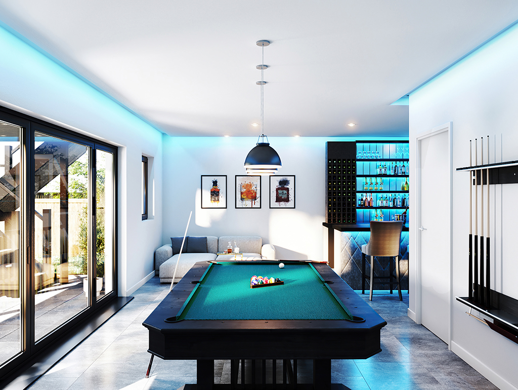 CGI of a basement pool room