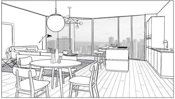 Digital sketch of a kitchen diner