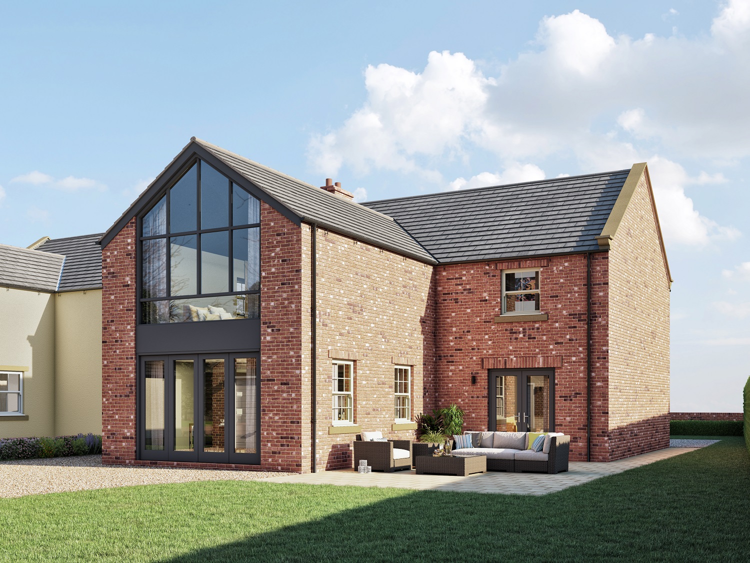 Exterior CGI 3D Architectural Visualisation of a large house, with large windows on the front and a small furnished patio area.