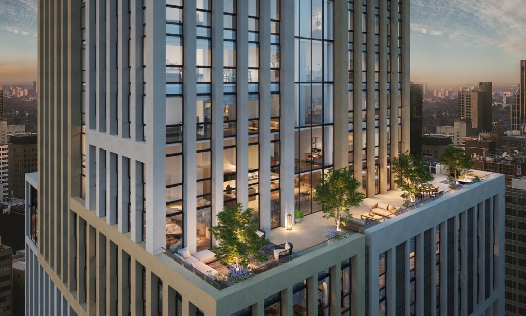 3d Exterior Visualisation property marketing image of apartment block terrace in the evening