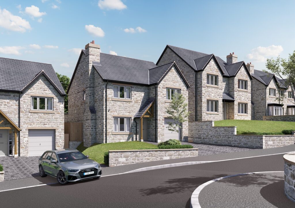 3D street scene CGI of Yorkshire stone terraced houses, Hurstwood Holdings residential development