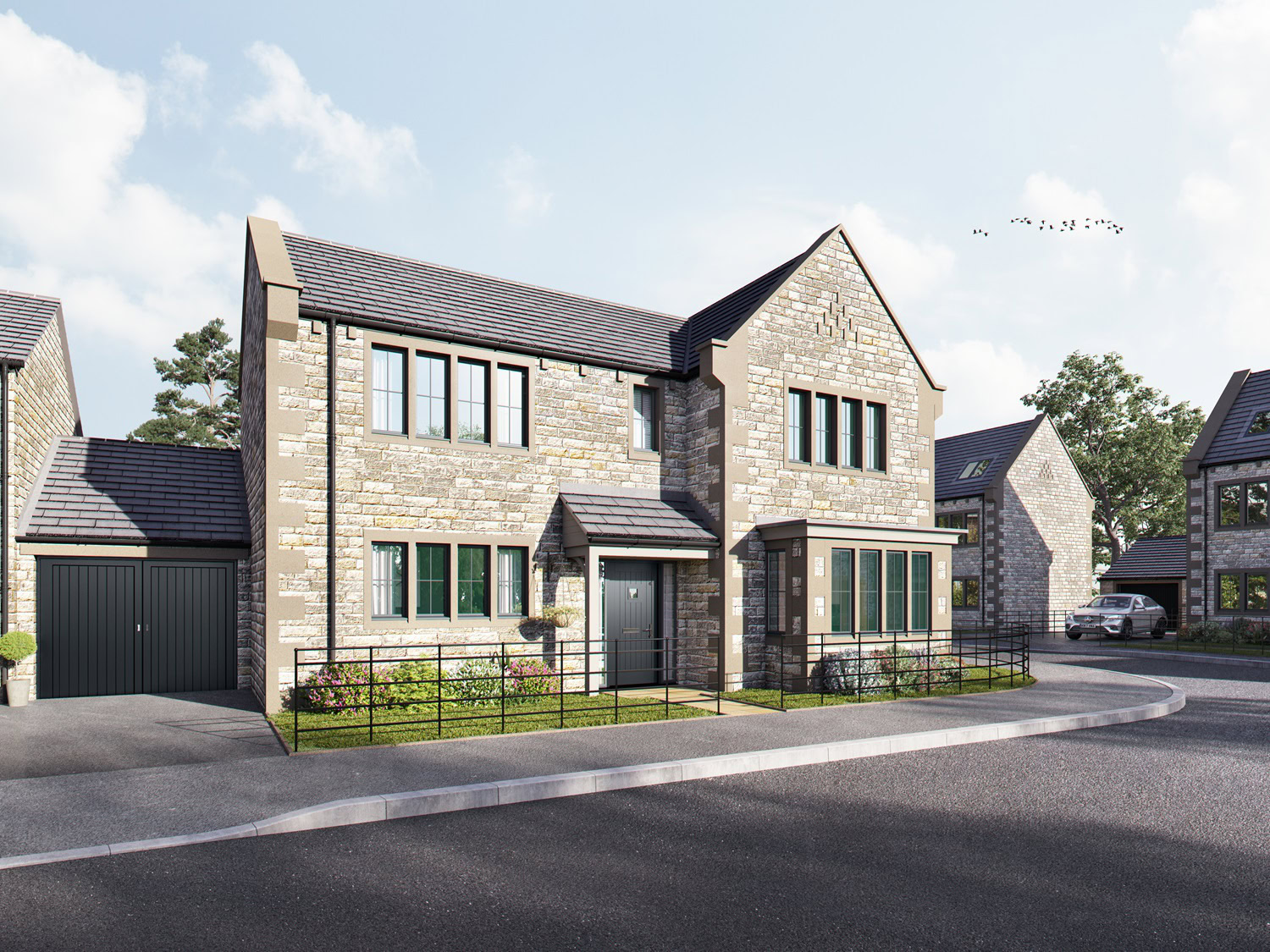 architectural render of a Yorkshire Exterior View detached stone house with garage