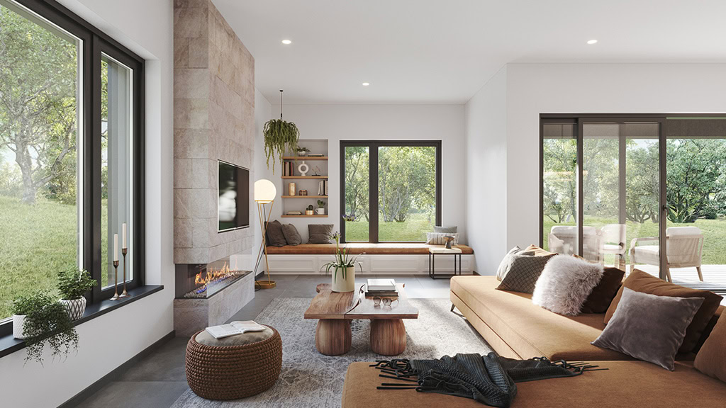 a living room with a fireplace and a couch CGI