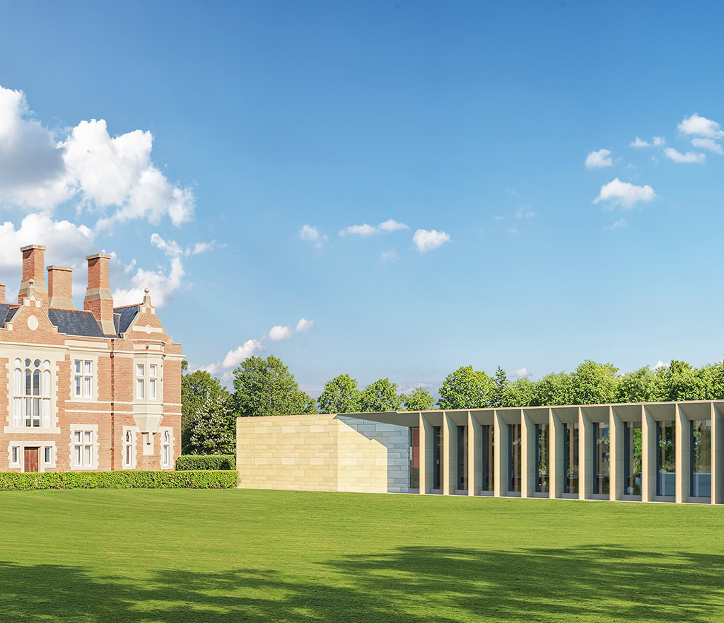 Rear elevation CGI of Rockcliffe Hall restaurant extension showing stone detailing and landscaped grounds