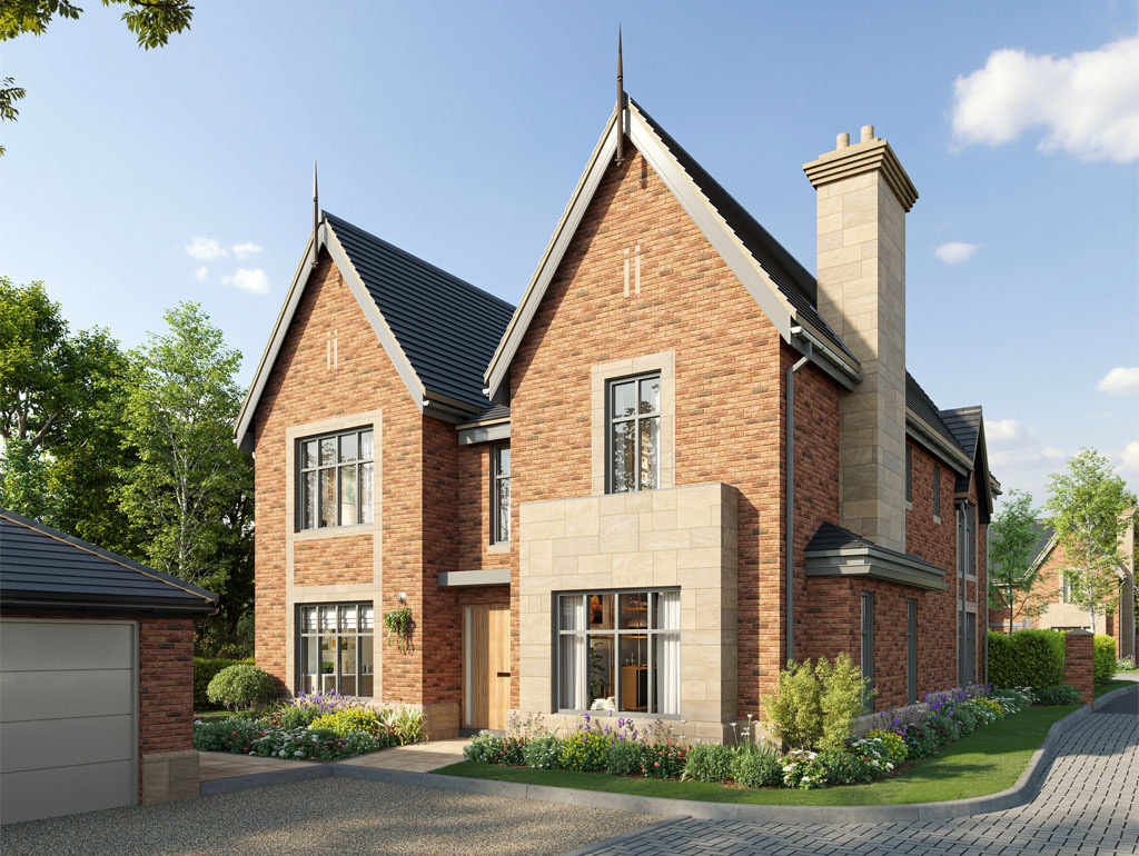 3D exterior CGI of a large detached new-build home at Adlington Road with double garage and block-paved driveway