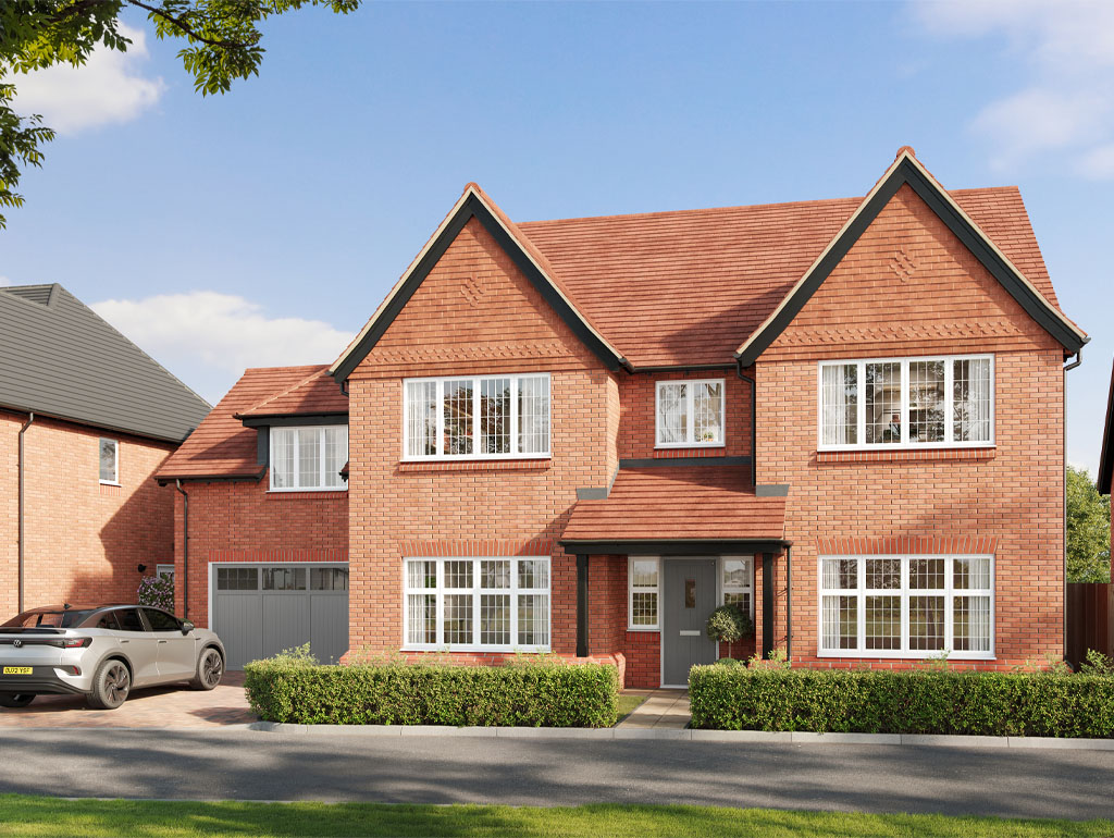 Exterior CGI of a modern red-brick detached house with private driveway, Rydal Heights development