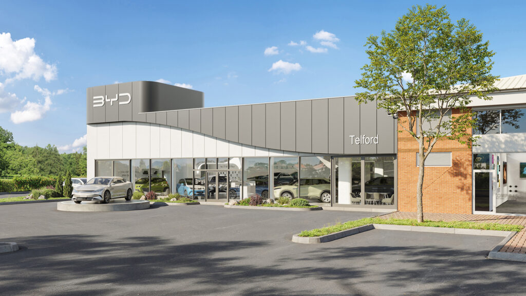 BYD Telford showroom CGI view 2 — branded retail environment with integrated lighting