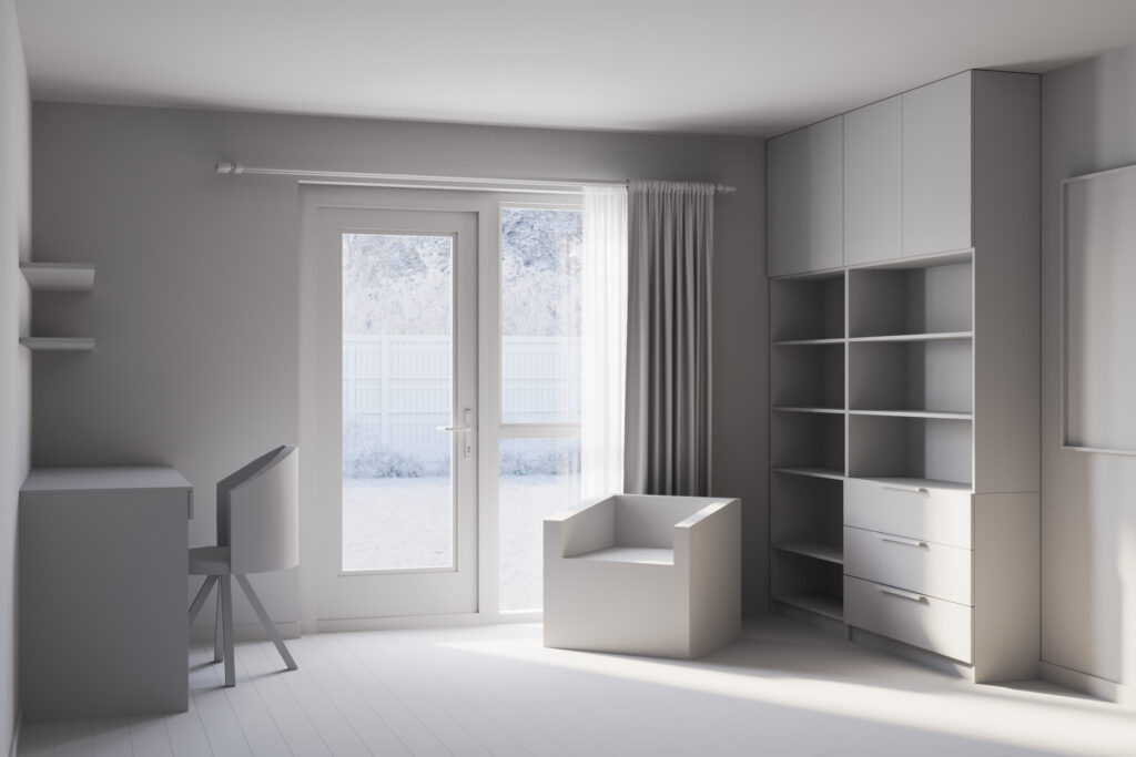 Interior CGI of a modern study at Mill Brook Drive, Winchester — white block colour scheme with furnished workspace