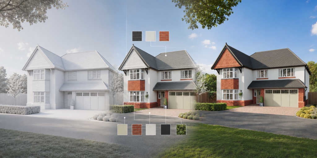 Step-by-step 3D rendering process of a modern detached house from raw untextured model to fully rendered photorealistic exterior