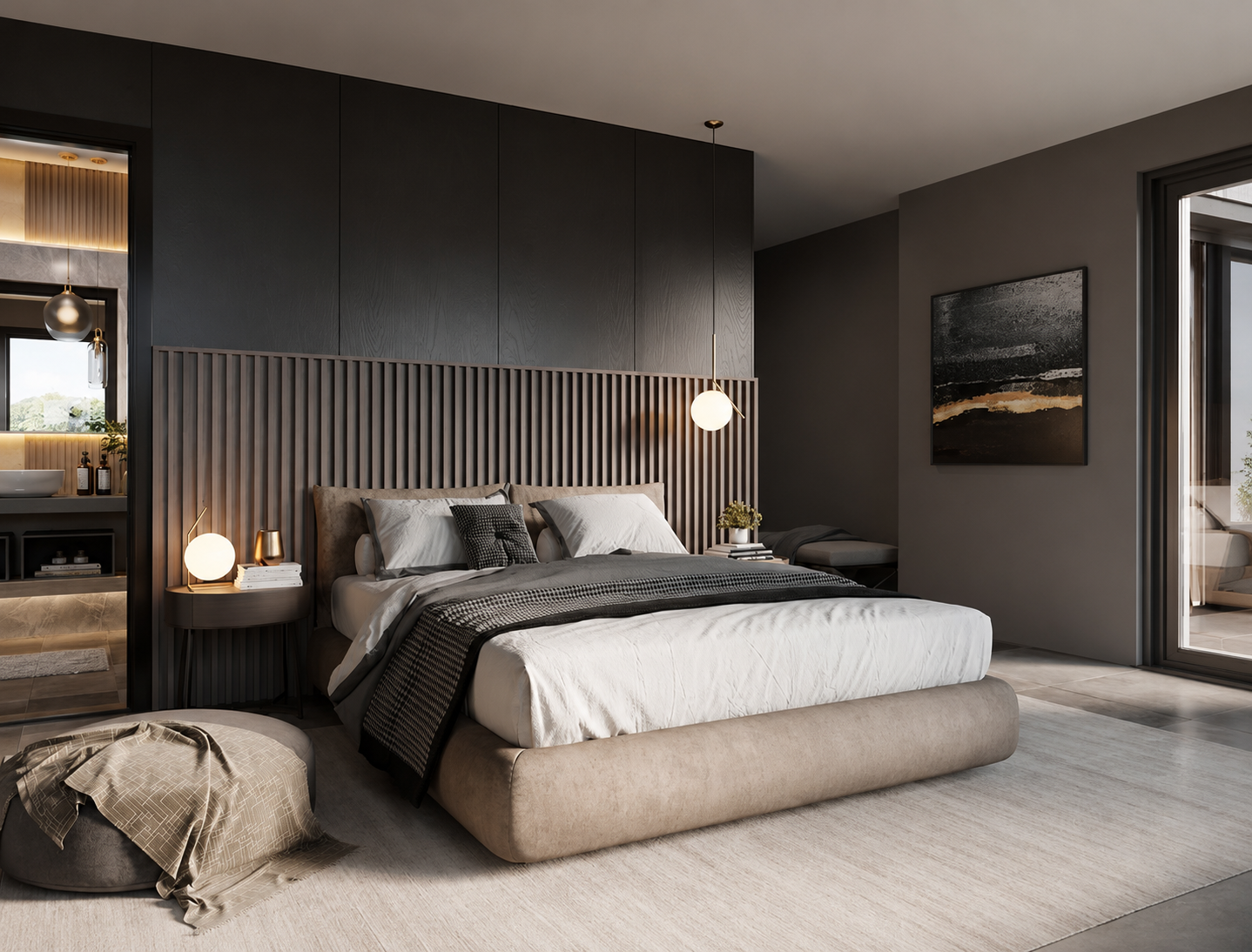 Interior CGI of a modern bedroom with neutral tones at Sevenoaks development