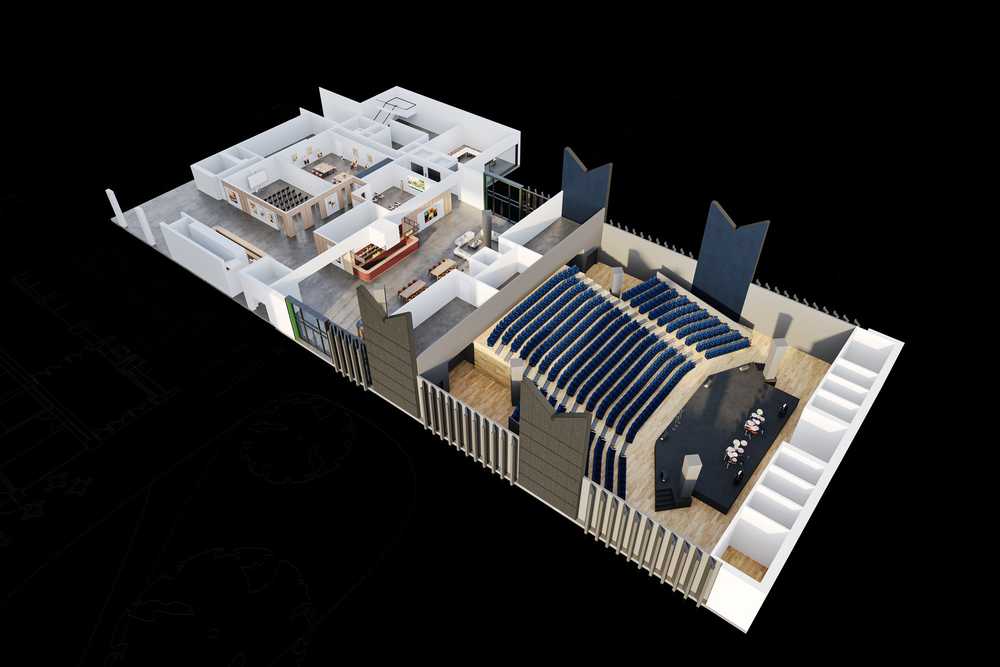 Final cutaway CGI of the Cultural Hub with theatre, bar and galleries