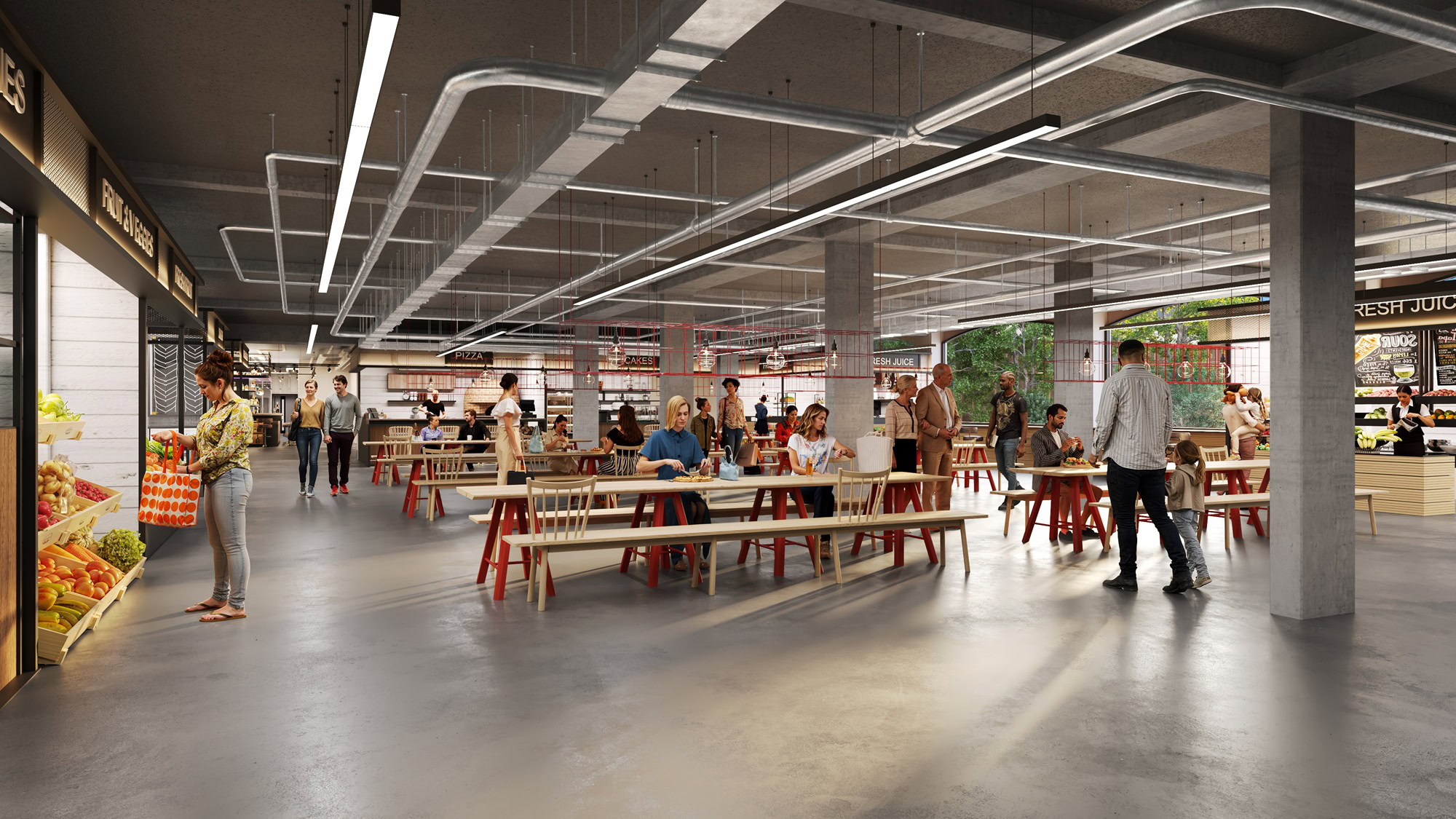 Final CGI of the busy indoor market and food hall