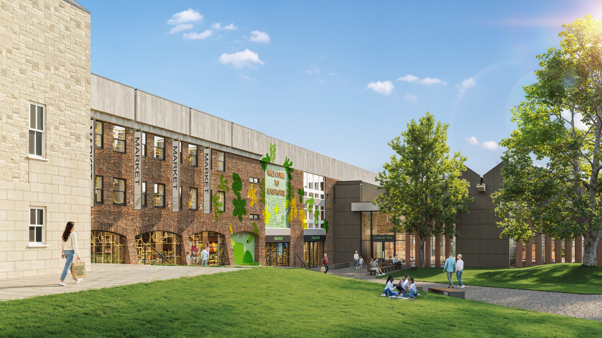 Final CGI of the market fa&ccedil;ade with botanical graphics and market banners