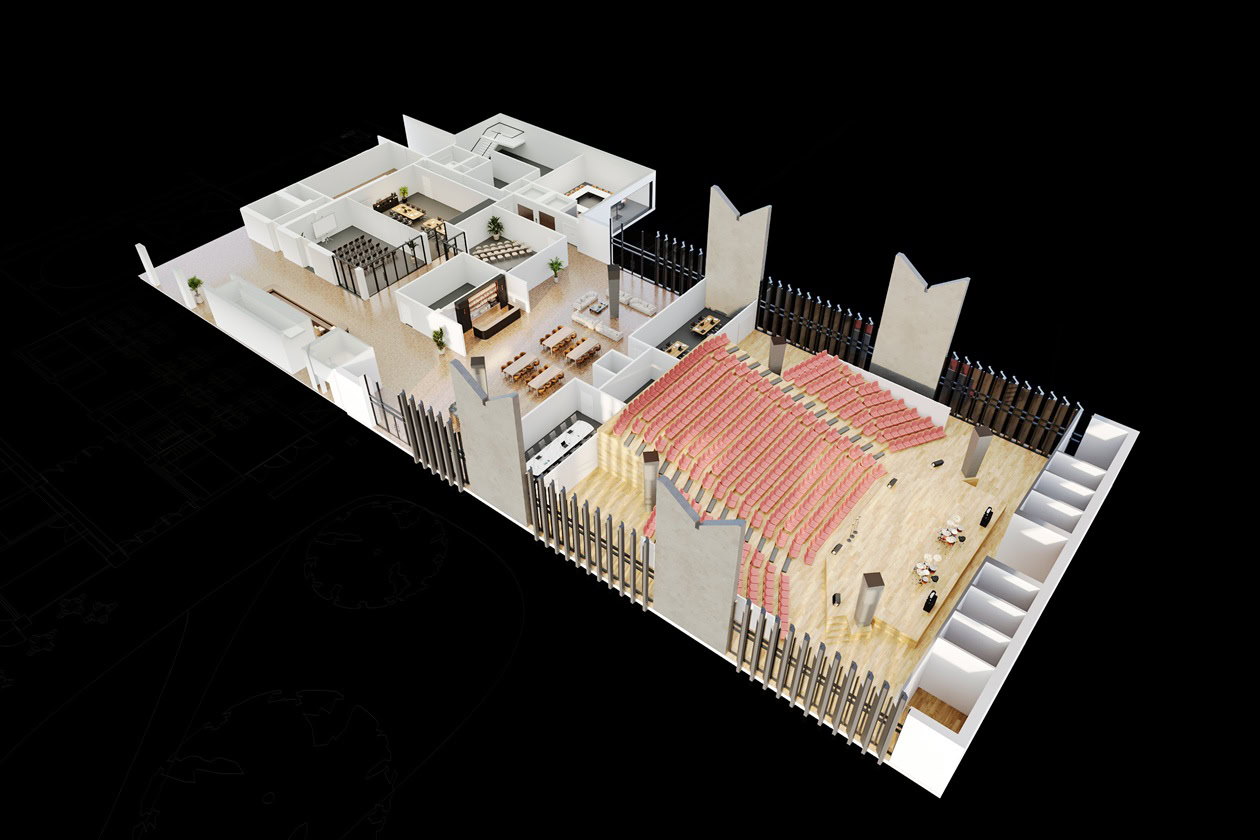 Early Cultural Hub cutaway with coral seating