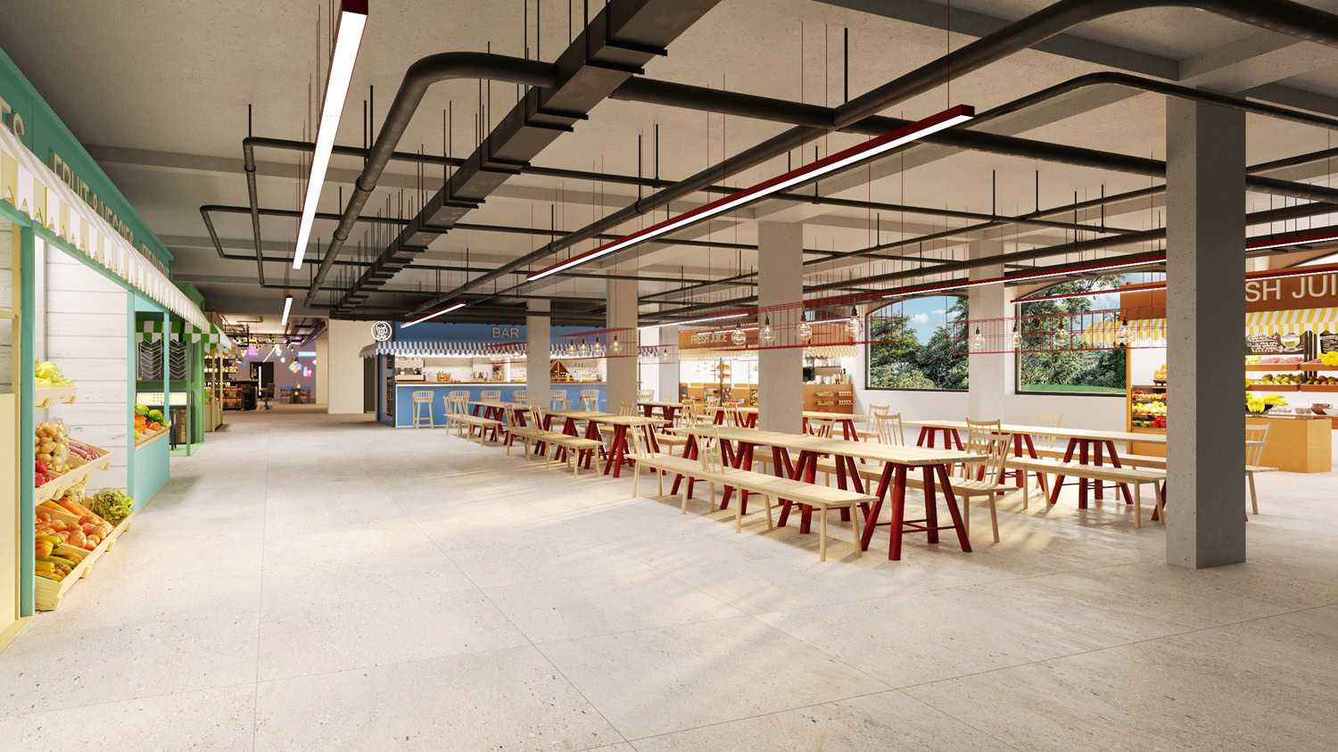 Early indoor market option with awning-style stalls