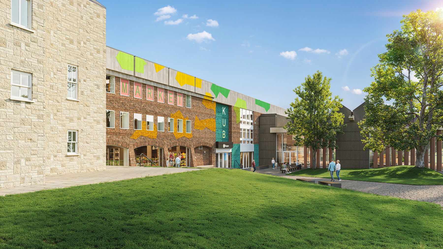 Market fa&ccedil;ade option with MARKET lettering and colour blocks